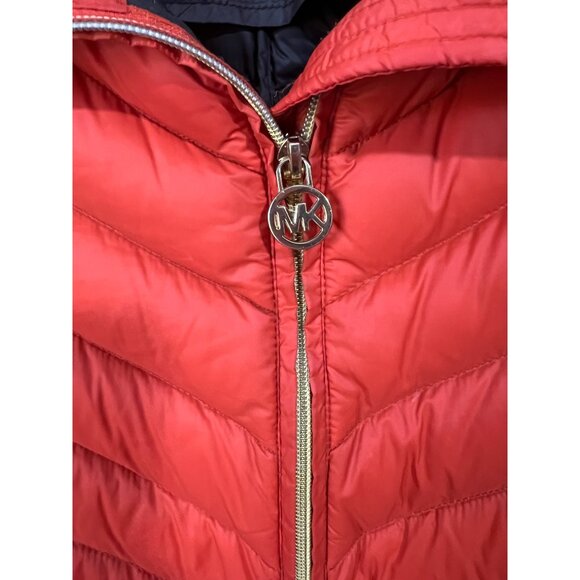 Michael Kors Womens Red Packable Down Fill Jacket Size L Gold MK Zipper Lightwei - Picture 3 of 16